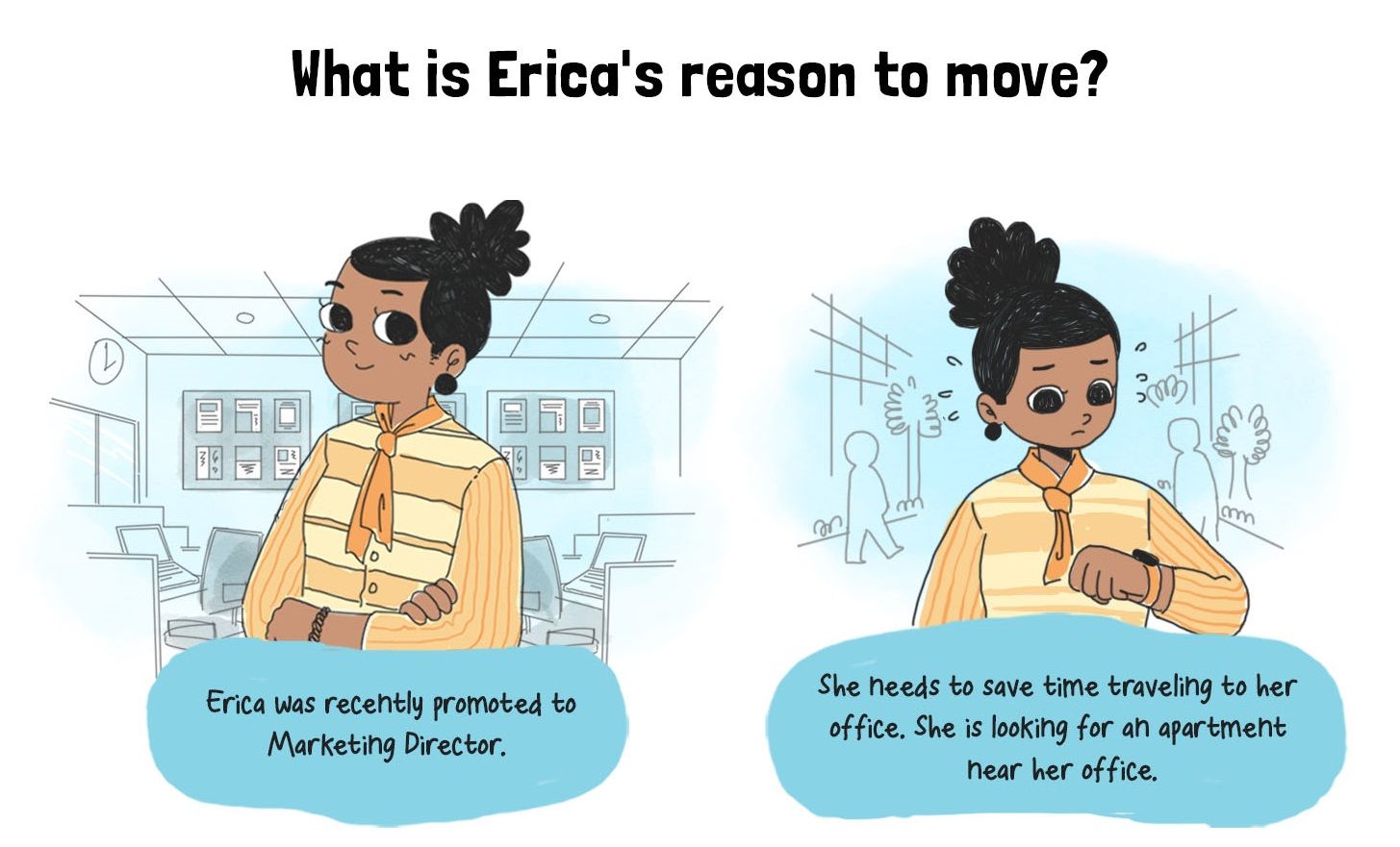 What is erica’s reason to move? Erica on left who was recently promoted to marketing director and erica on right who needs to save time traveling to her office which is why she is looking for an apartment near her office.