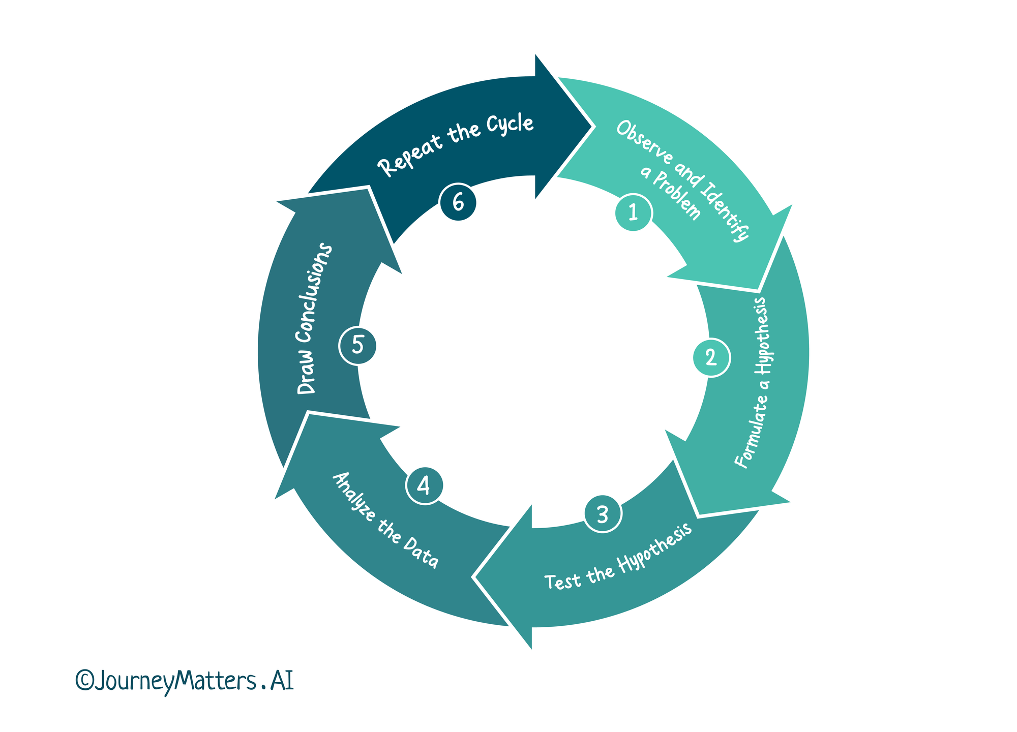 6 step process for scientific thinking involves observing and identifying a problem, formulating a hypothesis, Testing the hypothesis, analyzing the data, drawing conclusions, and repeating the cycle.