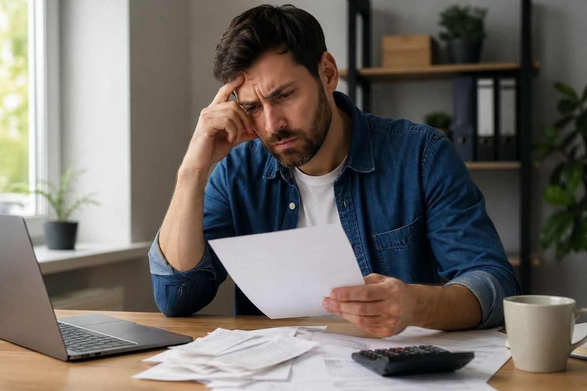 Bărbat stă la masă îngândurat, se uită la declarația de taxe.