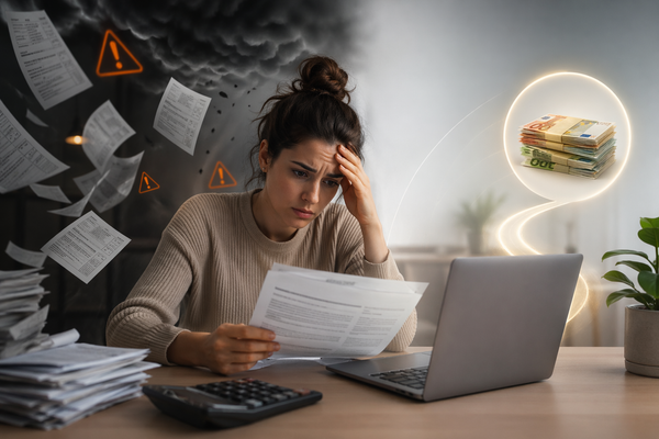 Femeie care se uită în declarația fiscală Germania, bani, calculator, laptop