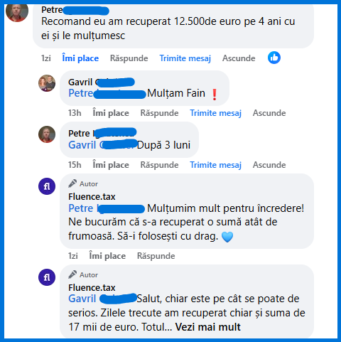 Recenzie de la client că a recuperat bani cu Fluence Tax. 