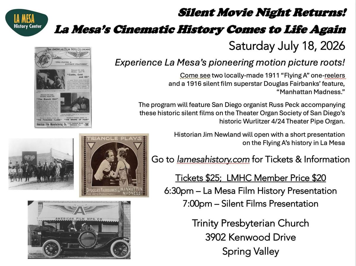 Flyer for Silent Movie Night in July 2026