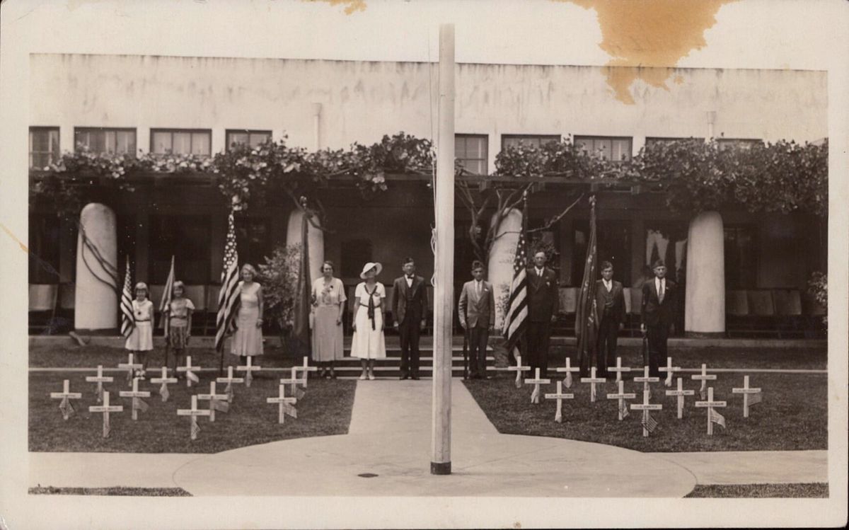 People stood to attention with flags on Memorial Day at La Mesa Grammar School Patio 1933
