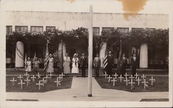 People stood to attention with flags on Memorial Day at La Mesa Grammar School Patio 1933