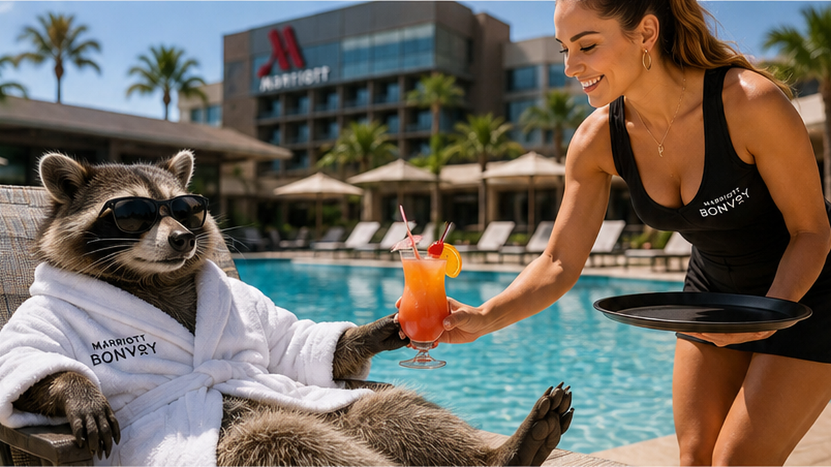 Raccoon relaxing beside a Marriott hotel pool while a cocktail server delivers a tropical drink, illustrating the Marriott Bonvoy Bevy Amex offer.