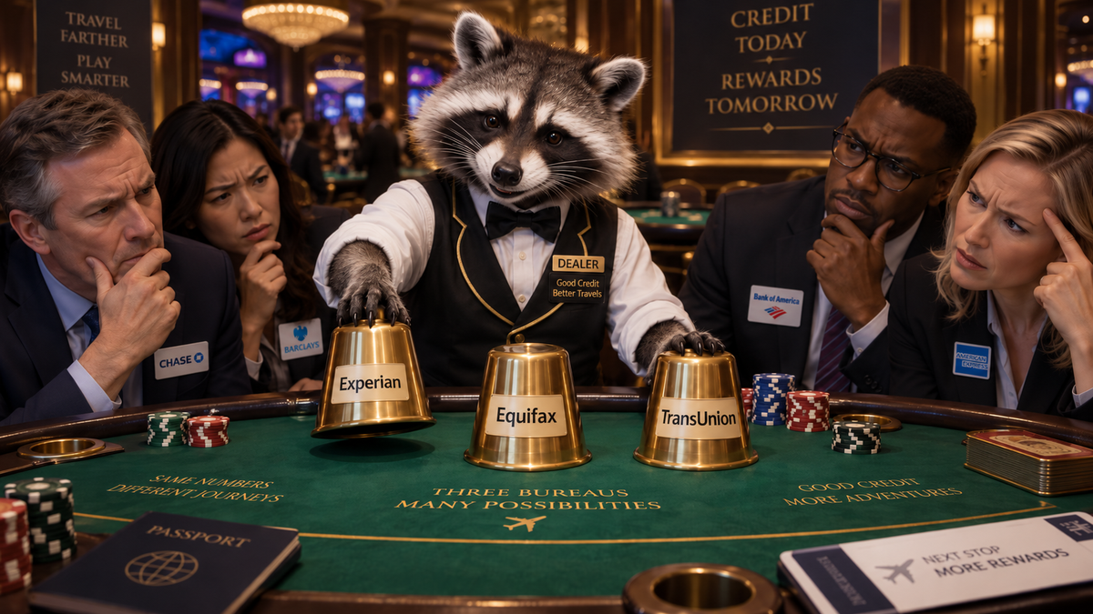 A raccoon casino dealer at a card table with cups labeled Experian, Equifax, and TransUnion while confused bank representatives look on.