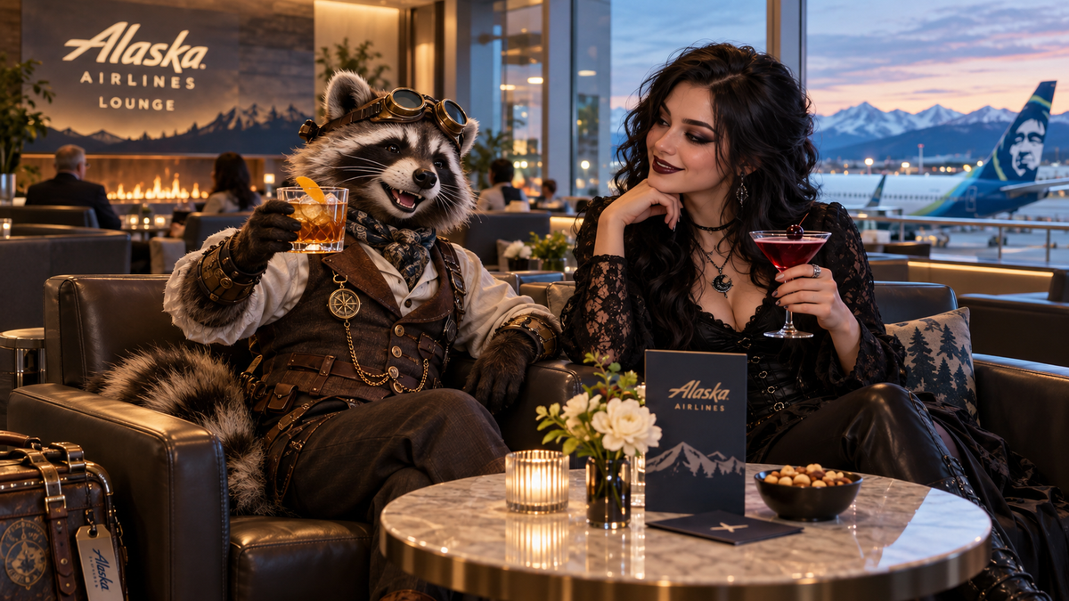 Steampunk raccoon relaxing in an Alaska Airlines lounge with a drink beside a young goth woman, illustrating the Atmos Rewards Business Card review.