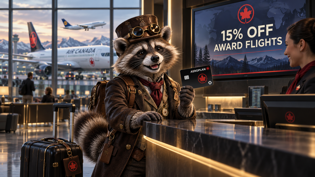 Steampunk raccoon using a Chase Air Canada Aeroplan card for a 15 percent award flight discount
