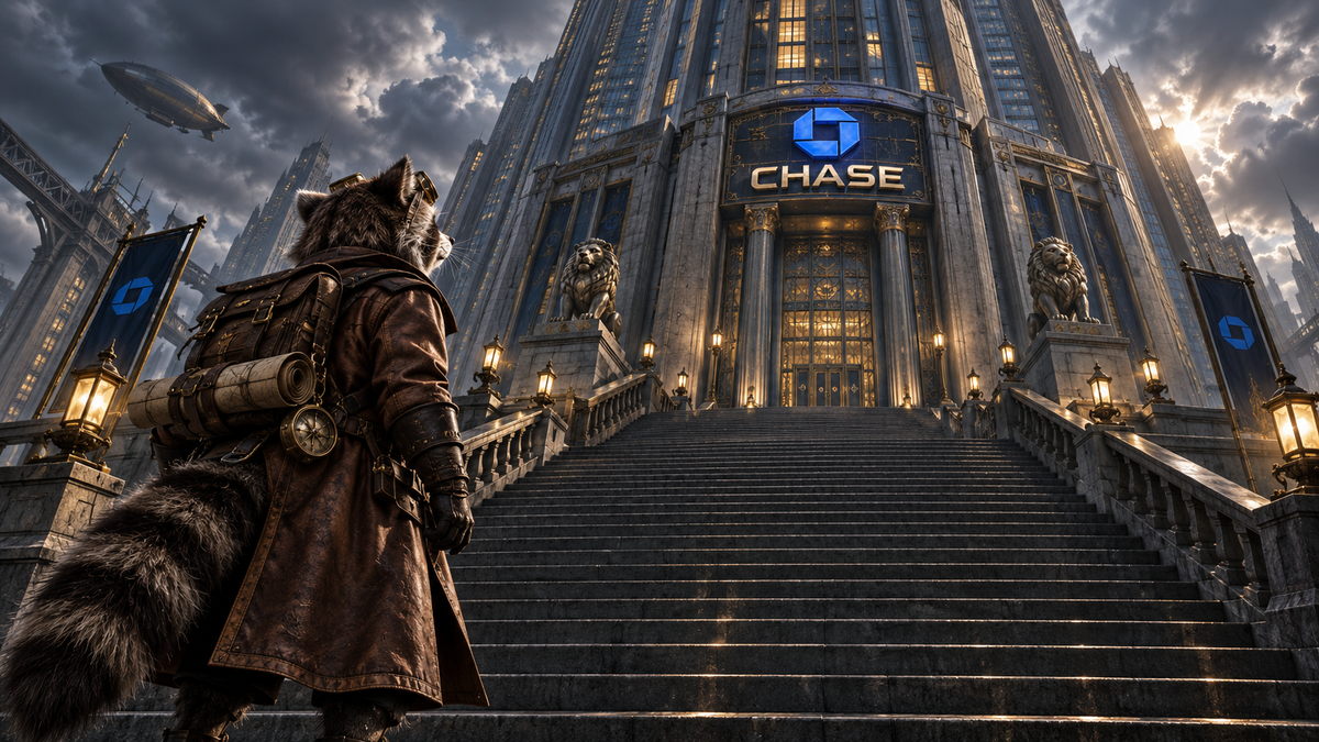 Steampunk raccoon outside a Chase bank comparing three credit cards with five credit cards.