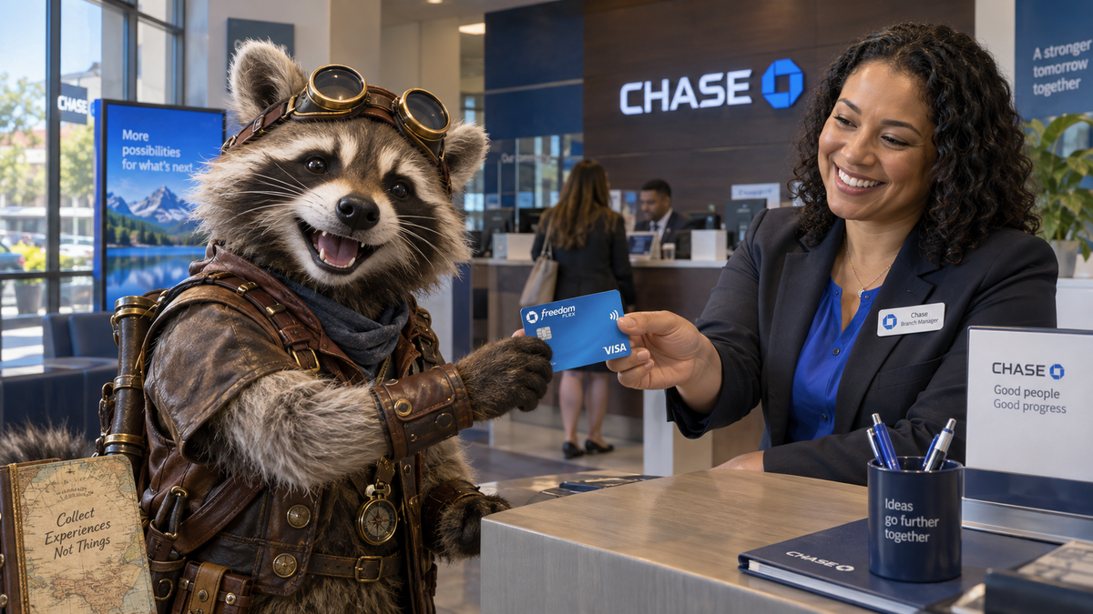 Happy steampunk raccoon receiving a Chase Freedom Flex card from a Chase bank manager at a local branch.