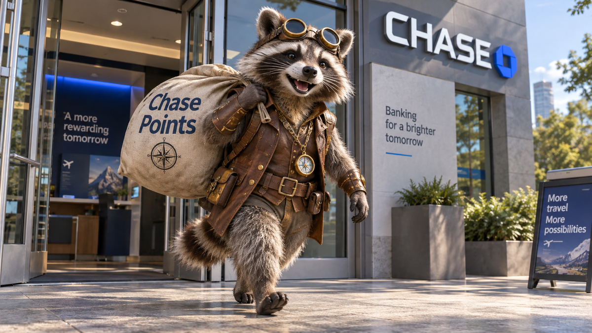 Happy steampunk raccoon leaving a Chase Bank branch carrying a large bag labeled Chase Points.