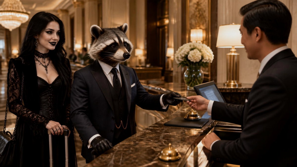 Steampunk raccoon checking into a Marriott hotel for the Marriott Bonvoy Business Amex 100K points and free night offer