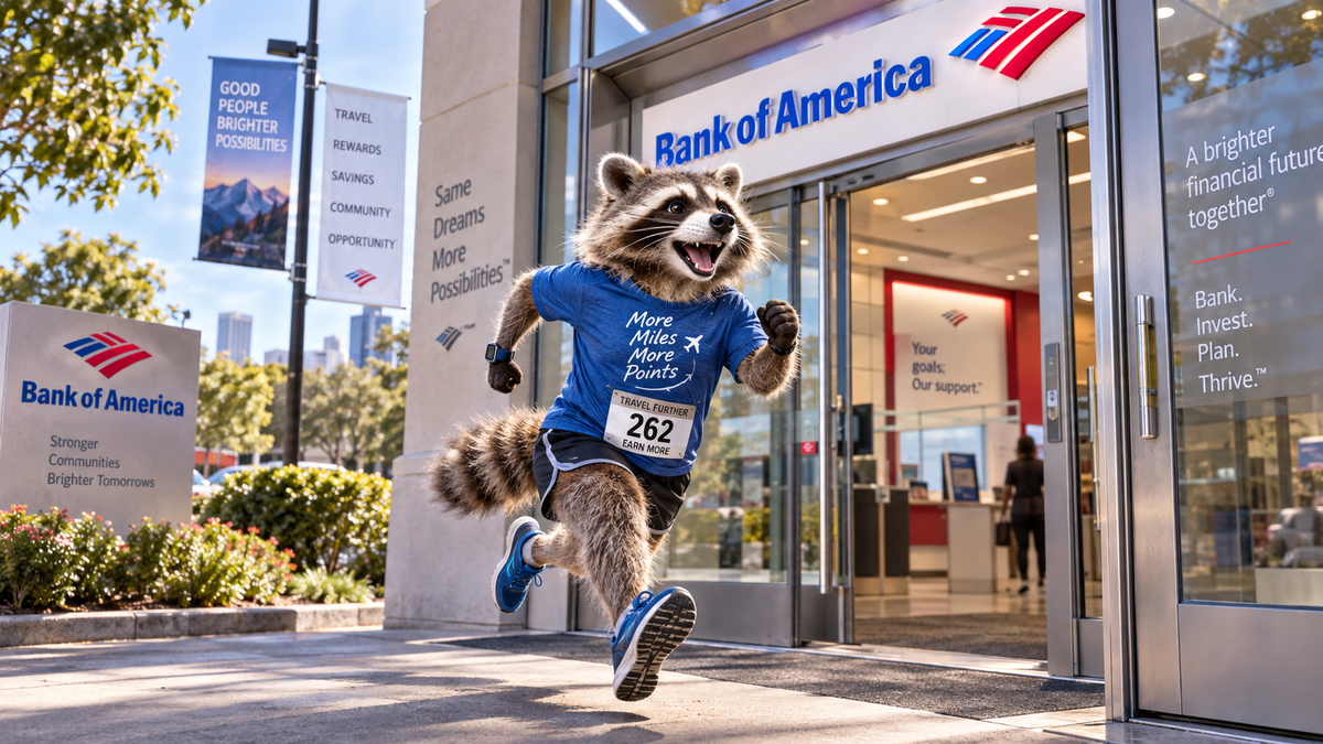 Raccoon in running gear charging into a Bank of America branch for a Rakuten credit card bonus