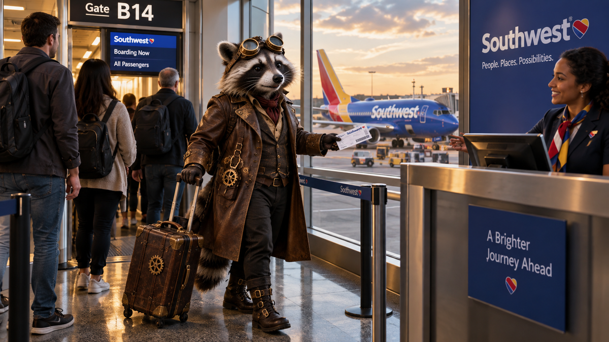 Steampunk raccoon business traveler walking toward a Southwest Airlines gate with a briefcase and checked bag