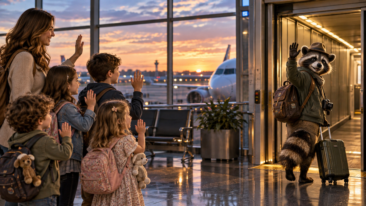 Mother and four children wave goodbye to a traveling raccoon with a carry-on suitcase as he boards a flight at an airport gate.