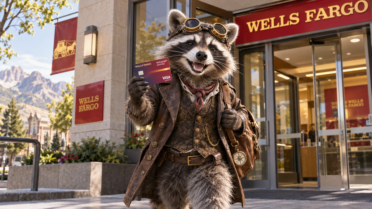 Steampunk raccoon traveler checking into a hotel representing the Wells Fargo Autograph Journey travel card.