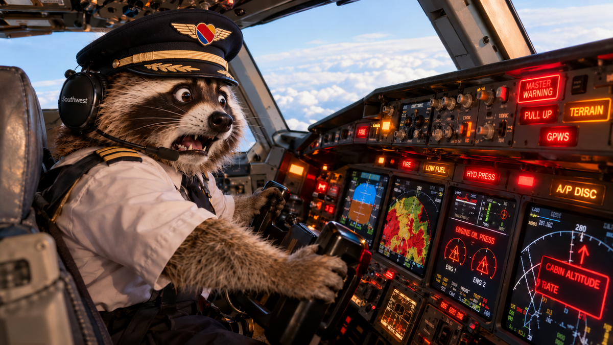 Panicked raccoon wearing a Southwest Airlines pilot cap in a Boeing 737 cockpit surrounded by flashing warning lights, illustrating the 2027 Companion Pass changes.