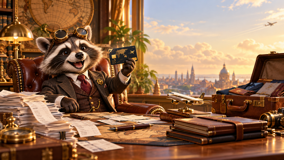 Steampunk raccoon business owner reviewing expenses and a premium travel rewards credit card