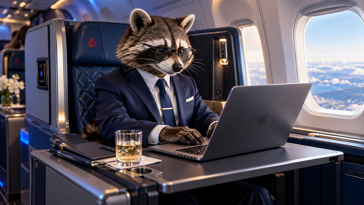 Raccoon wearing a business suit and working on a laptop aboard a Delta Air Lines first-class flight, illustrating Delta Business Amex credit card offers.