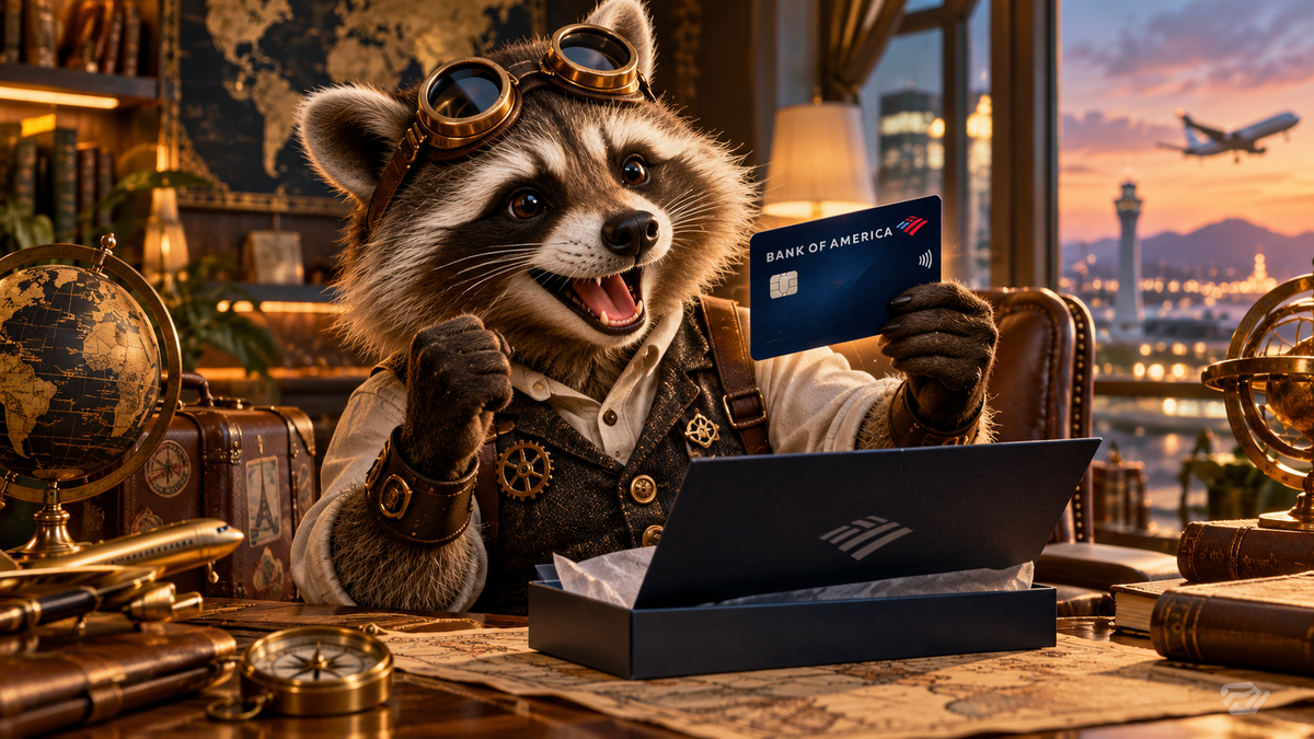 Steampunk raccoon counting cash and travel rewards in an airport lounge, illustrating the Rakuten Bank of America credit card promotion.