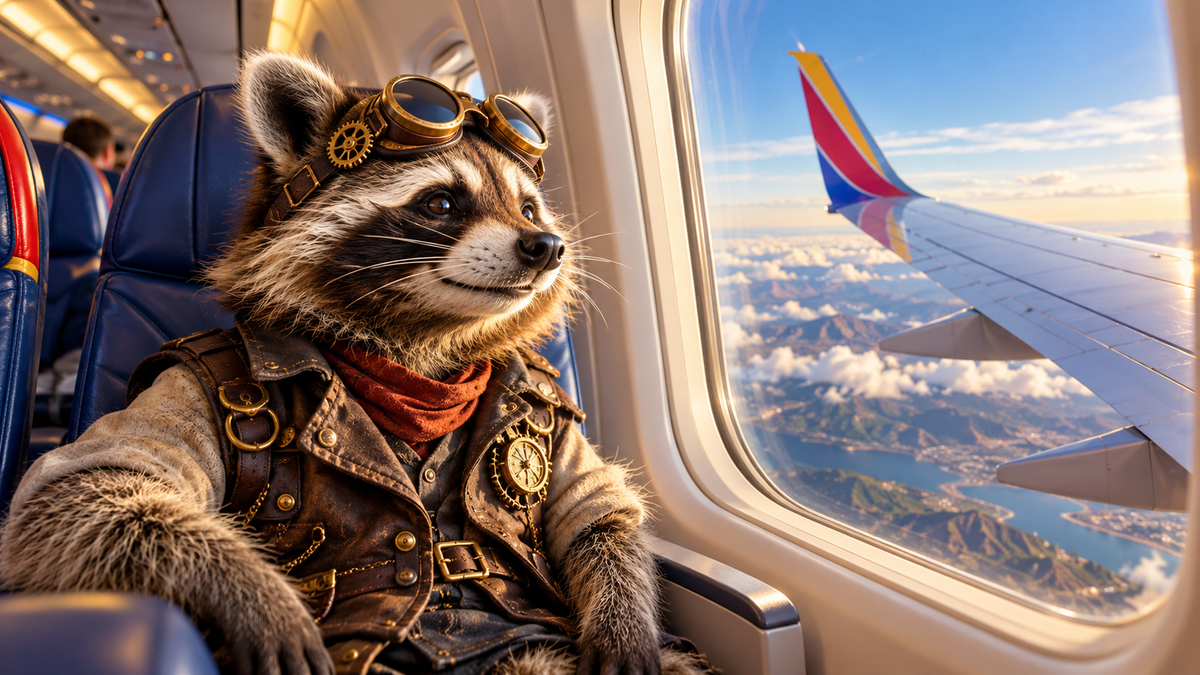 Steampunk raccoon wearing brass goggles aboard a Southwest Airlines Boeing 737, looking out at the wing during a flight.