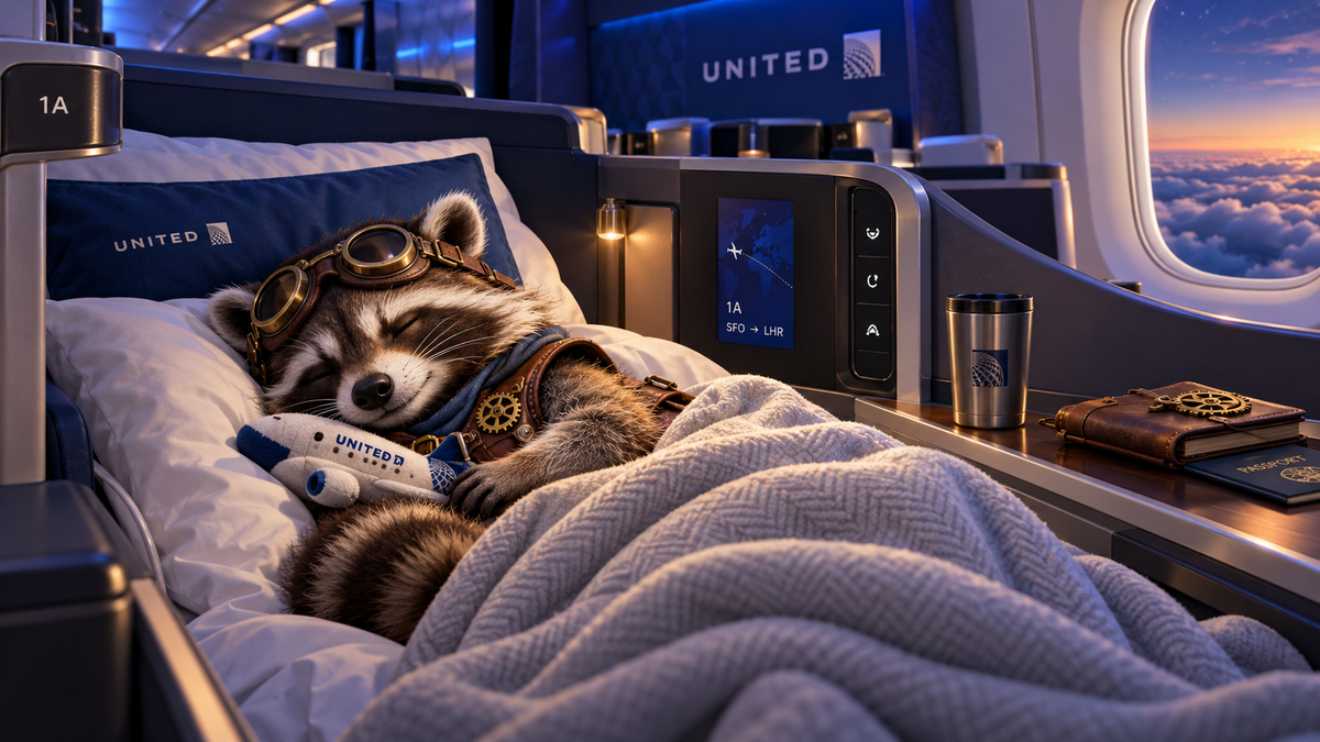 Steampunk raccoon sleeping in a United Airlines lie-flat premium cabin seat