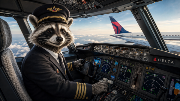 Raccoon dressed as a Delta airline captain piloting a Delta airliner from the cockpit.