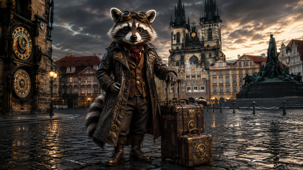 Steampunk raccoon traveler with luggage standing in Prague Old Town Square, representing AI-powered travel planning and award searches.