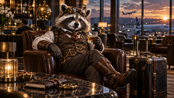 Steampunk raccoon with suitcase relaxing in a luxury airport lounge with airplanes visible through the windows