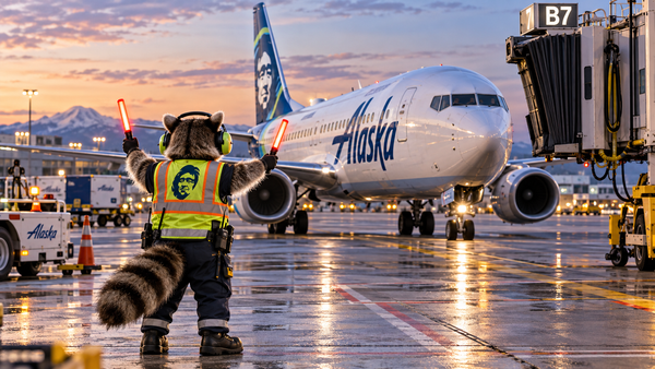 Raccoon airport ground crew member guiding an Alaska Airlines aircraft into a terminal gate with illuminated marshalling batons