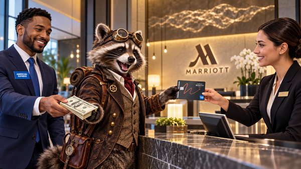 Steampunk raccoon checking into a Marriott hotel with a Marriott Bonvoy Amex card while an American Express employee hands him cash.