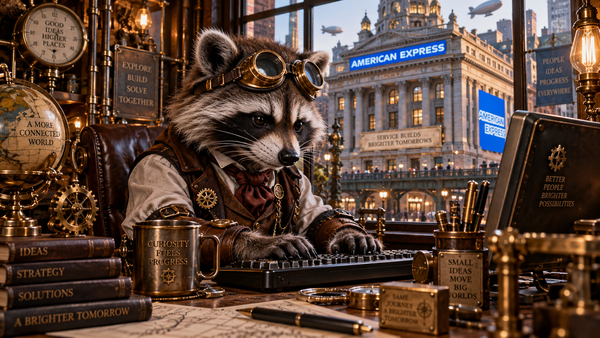 Steampunk raccoon using a computer to search for award flights with an American Express building in the background.