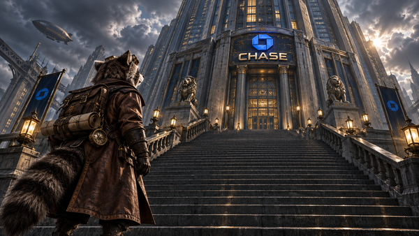 Steampunk raccoon outside a Chase bank comparing three credit cards with five credit cards.
