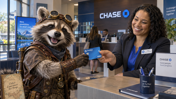 Happy steampunk raccoon receiving a Chase Freedom Flex card from a Chase bank manager at a local branch.