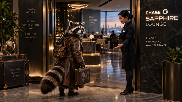 Steampunk raccoon being welcomed into a Chase Sapphire Lounge at an airport.