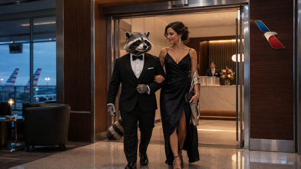 A raccoon in a tuxedo escorts an elegantly dressed woman into an American Airlines airport lounge.