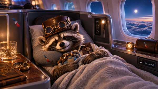 Steampunk raccoon holding a Citi AAdvantage Platinum Select credit card aboard an American Airlines flight