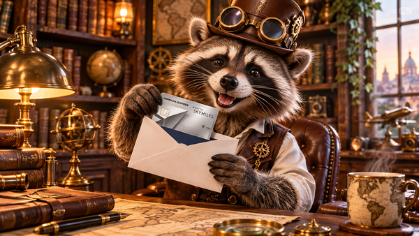Steampunk raccoon comparing Delta SkyMiles Gold and Platinum American Express cards at an airport