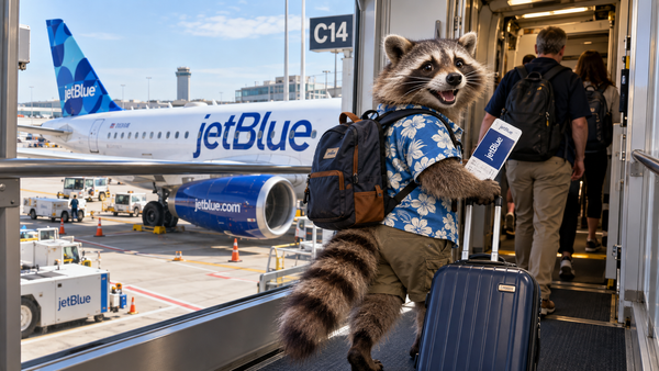 Photo-realistic raccoon tourist with luggage boarding a JetBlue flight at an airport gate.