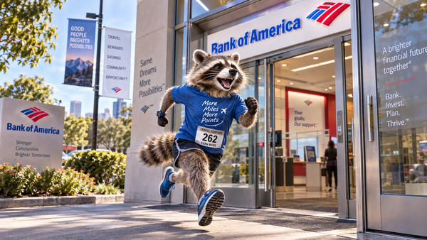 Raccoon in running gear charging into a Bank of America branch for a Rakuten credit card bonus