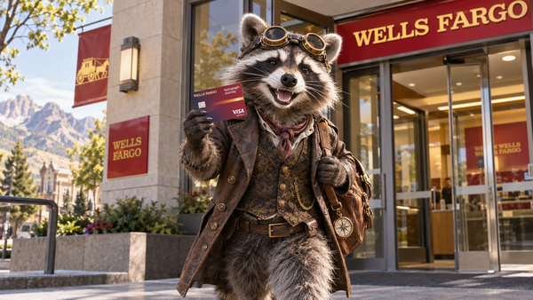 Steampunk raccoon traveler checking into a hotel representing the Wells Fargo Autograph Journey travel card.