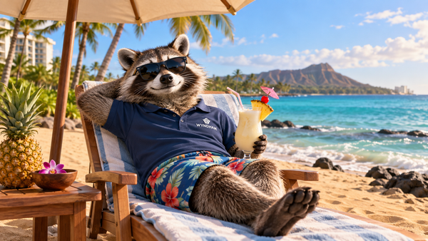 Raccoon wearing a Wyndham polo shirt and sunglasses relaxing on a Hawaiian beach with a piña colada