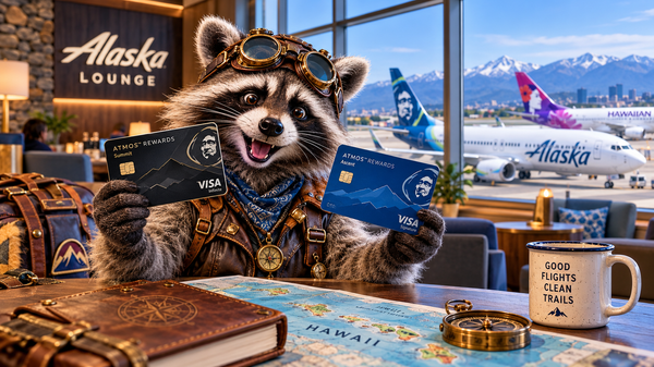 Steampunk raccoon holding Atmos Rewards Summit and Ascent Visa credit cards in an Alaska Airlines lounge, with Alaska and Hawaiian Airlines planes outside.