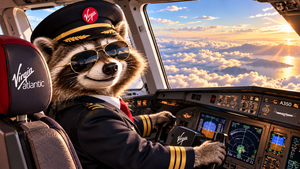 Raccoon dressed as a Virgin Atlantic airline captain piloting an Airbus A350 above the clouds at sunset, illustrating the Capital One 30% Virgin Points transfer bonus.