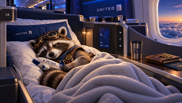 Steampunk raccoon sleeping in a United Airlines lie-flat premium cabin seat