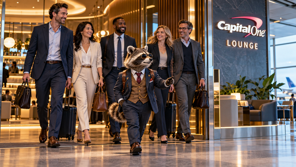Short raccoon in business attire leading executives out of a Capital One Lounge