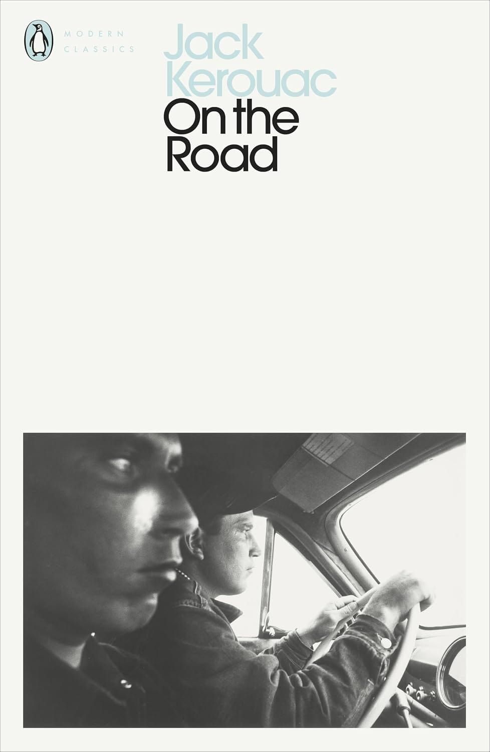 Cover of On the Road by Jack Kerouac, featuring a black-and-white photograph of people travelling in a car.