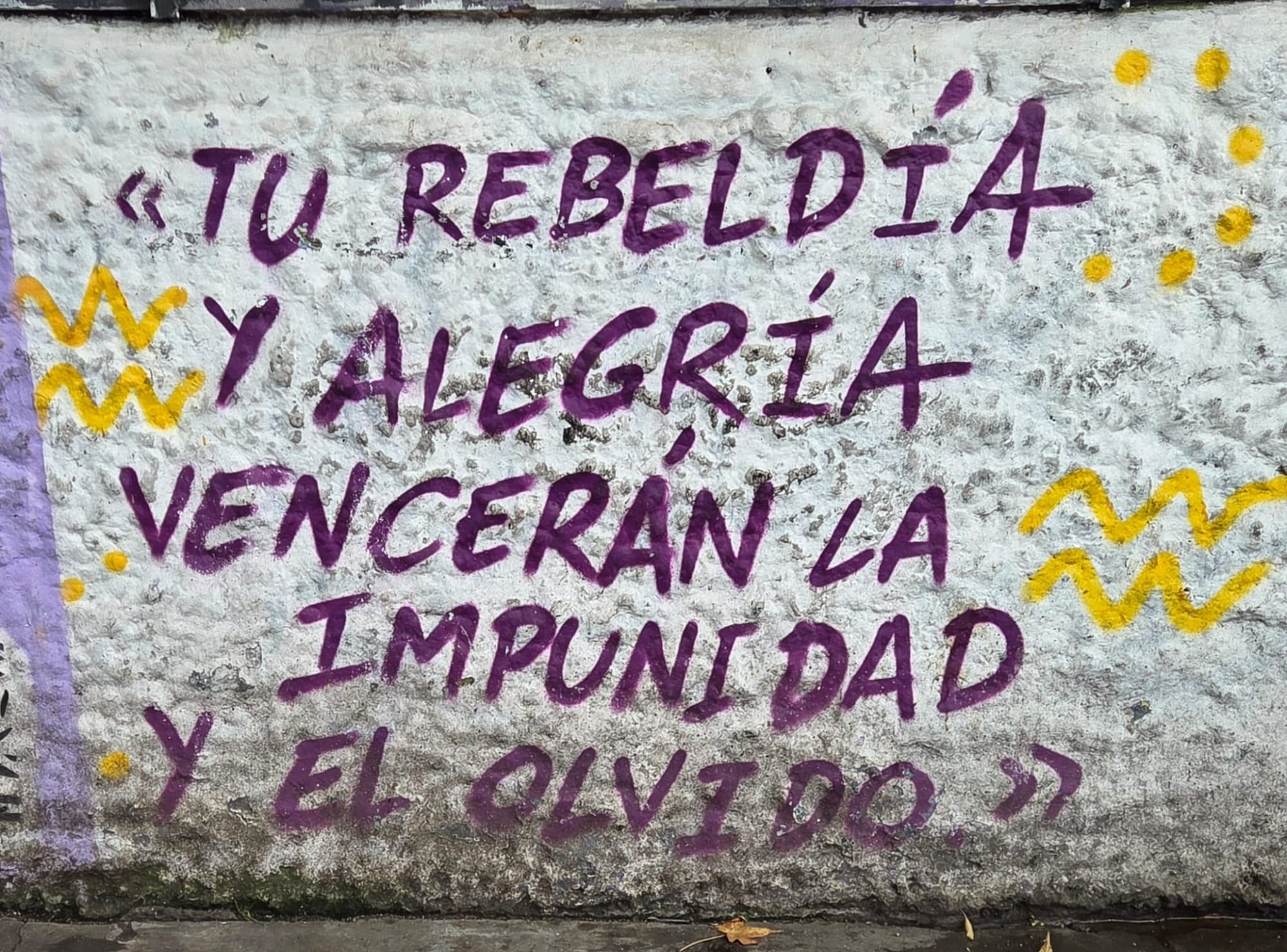 Imagen de un grafiti en la pared con el texto "tu rebeldía y alegría vencerán la impunidad y el olvido".
