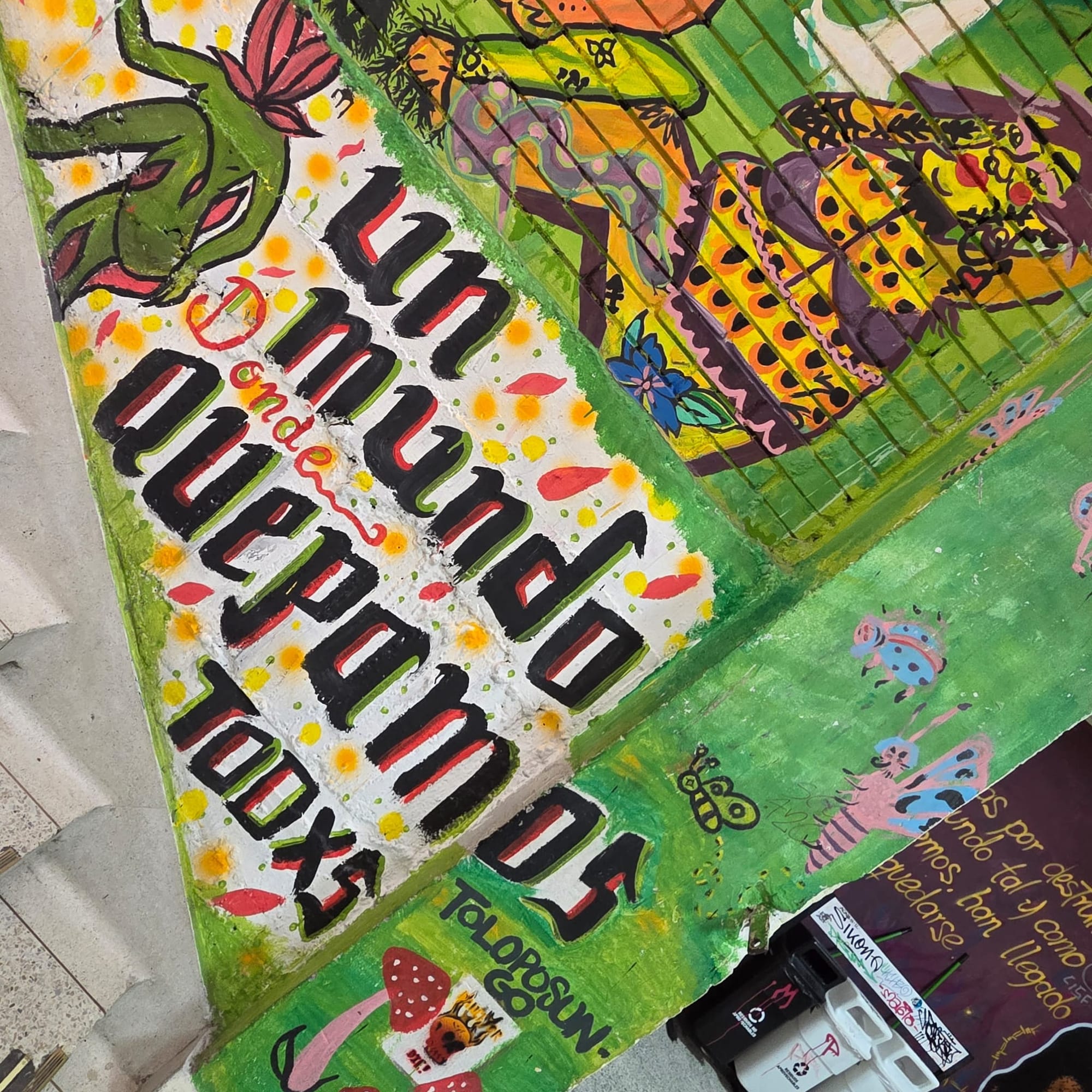 Imagen de un mural multicolor con el texto pintado que dice: "Un mundo donde quepamos todxs".