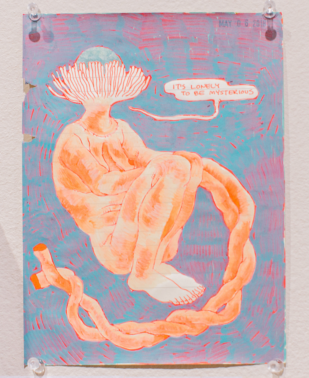 Illustration of headless nude body with umbilical cord 